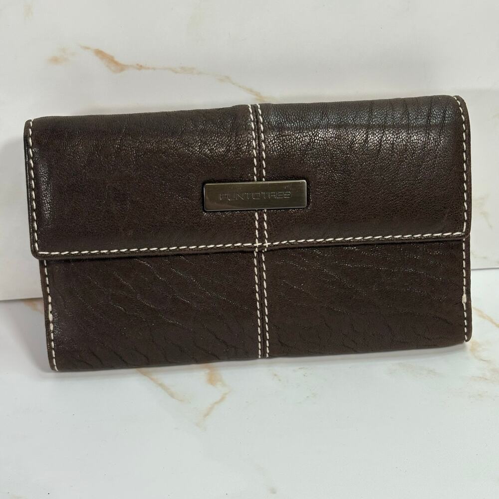 Puntotres‎ Brown Leather Wallet Bifold Snap Closure Contrast Stitching 6.5"x4"